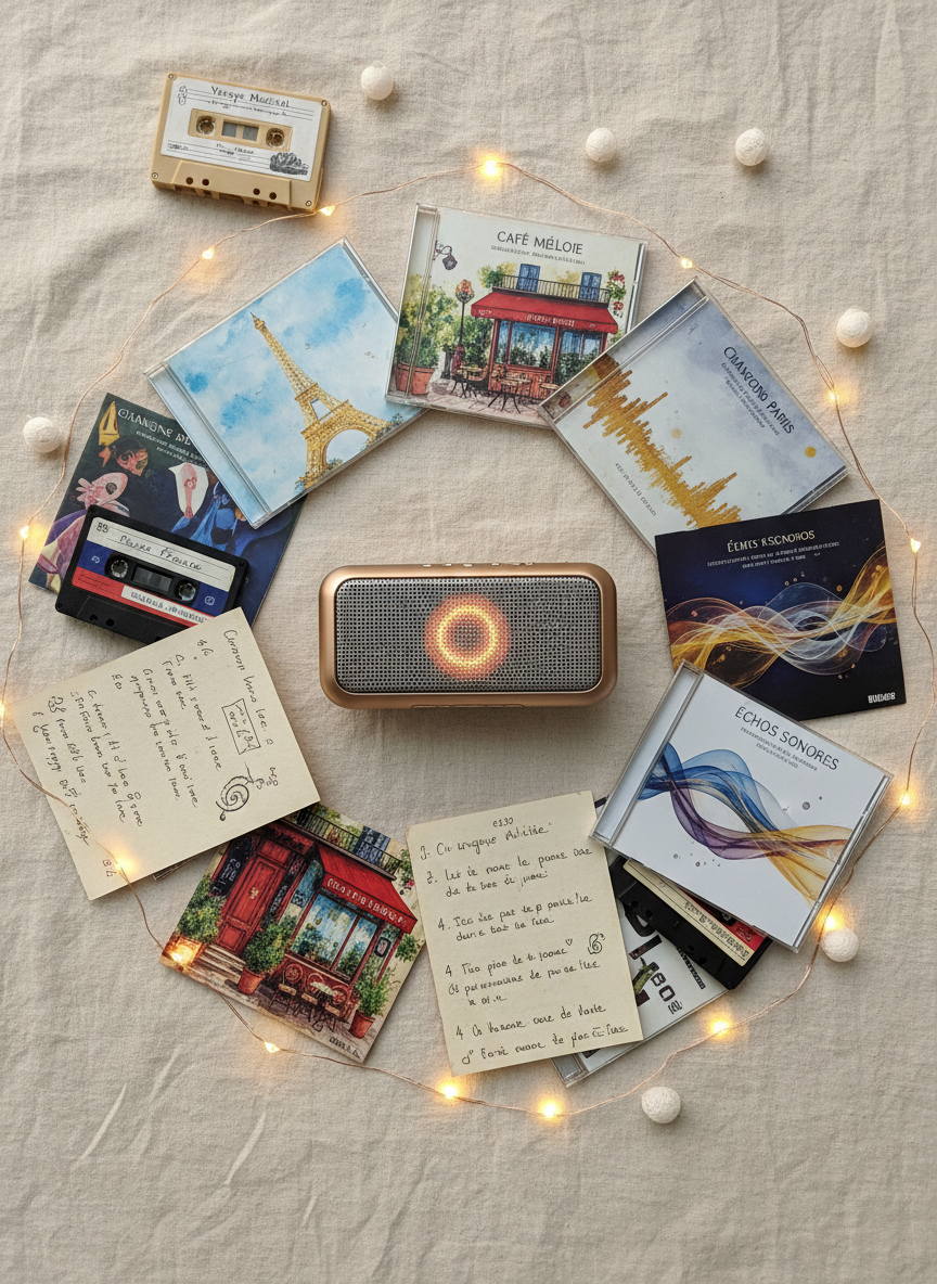 A whimsical collection of French music media spread across a light linen cloth: glossy CDs with vibrant covers featuring stylized Eiffel Towers, cozy Parisian cafés, and abstract sound waves, alongside handwritten lyric sheets filled with annotations and doodled musical notes. A small portable speaker with a brushed metal finish sits at the center, a faint LED glow indicating music is playing. Delicate fairy lights snake through the scene, their warm bulbs reflecting off plastic cases and polished metal. Photographic realism with soft, diffused evening light enhances the golden glow, giving the composition a playful, dreamy mood. Shot from a top-down bird’s-eye view, everything is arranged in a loose spiral that subtly suggests the rhythm and flow of French melodies and language learning.