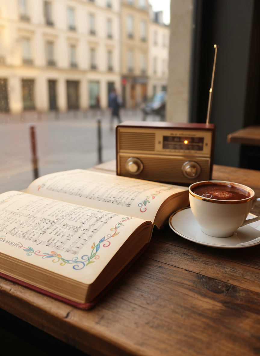 An open hardcover songbook of classic French lyrics on a rustic wooden café table, each page meticulously printed with side-by-side French text and playful margin notes in colored ink. A steaming porcelain cup of dark hot chocolate with a velvety surface sits on a saucer nearby, and a small portable radio with retro dials rests behind the book, mid-broadcast of a French chanson station. Through the blurred café window in the background, out-of-focus hints of a European street add context. Late-afternoon golden light streams in, creating warm highlights on the songbook’s slightly textured pages. Captured with photographic realism from a three-quarter angle, with shallow depth of field, the atmosphere feels warmly nostalgic and gently encouraging, perfect for savoring language and music together.