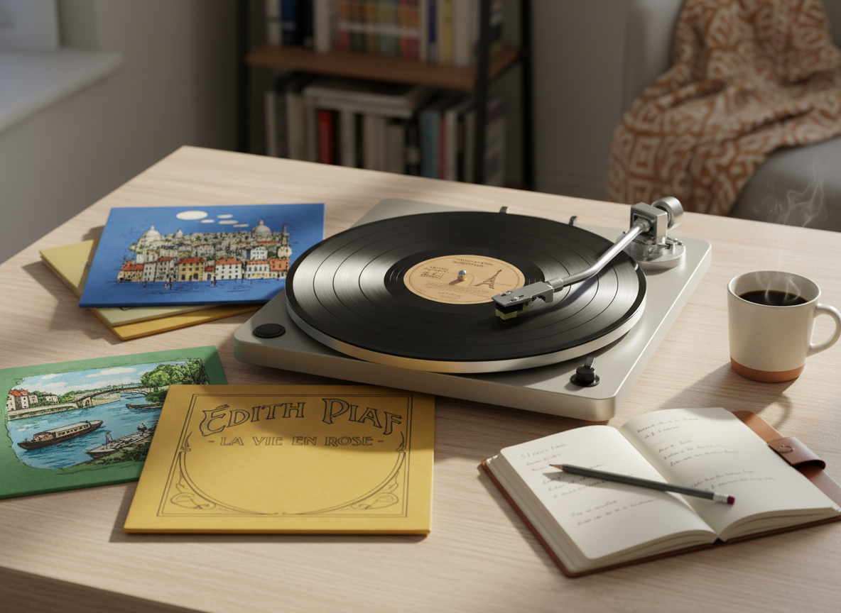 A close-up of a vintage-style turntable playing a classic French chanson vinyl, the matte black record spinning slowly under a gleaming chrome tonearm. Around it, neat stacks of colorful album sleeves display illustrated Parisian streets, hand-drawn typography, and iconic French landmarks. The turntable rests on a pale oak table beside a small notebook filled with neatly written French lyrics and translations. Soft morning light from an unseen window grazes the scene, creating gentle reflections on the record’s grooves and subtle shadows from the album covers. Photographic realism, shot from a slightly elevated angle with shallow depth of field, gives a cozy, inviting mood that suggests learning French through music in a playful, homey environment.