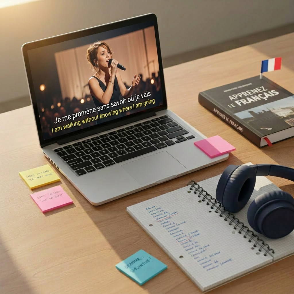 A modern laptop open on a tidy wooden desk, its screen displaying a paused French music video with clearly highlighted lyrics and translation bars beneath. Next to the laptop lies a spiral notebook filled with neatly organized French vocabulary, a pair of over-ear headphones with plush navy cushions, and colorful sticky notes labeled with song titles and grammar tips. A small French flag bookmark peeks from a nearby language textbook. Warm afternoon light from the side casts soft, elongated shadows, creating a calm but studious atmosphere. The photographic, clean, and modern composition is shot at eye level with a moderate depth of field, making the digital workspace feel like a playful, productive hub for exploring French culture through songs.